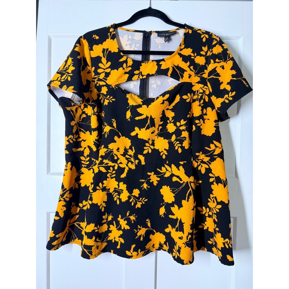 Lane Bryant Floral Peplum Top Women 16 Black Yellow Excellent Cutout Blouse